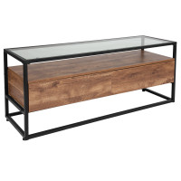 Flash Furniture NAN-JN-28102C-GG Cumberland Collection Glass Coffee Table with Two Drawers and Shelf in Rustic Wood Grain Finish